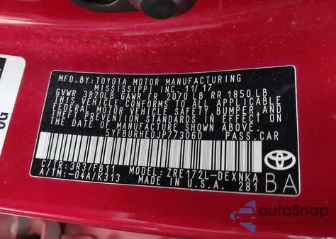 2018 Toyota Corolla Le из США, поврежденный, VIN 5YFBURHE0JP773060